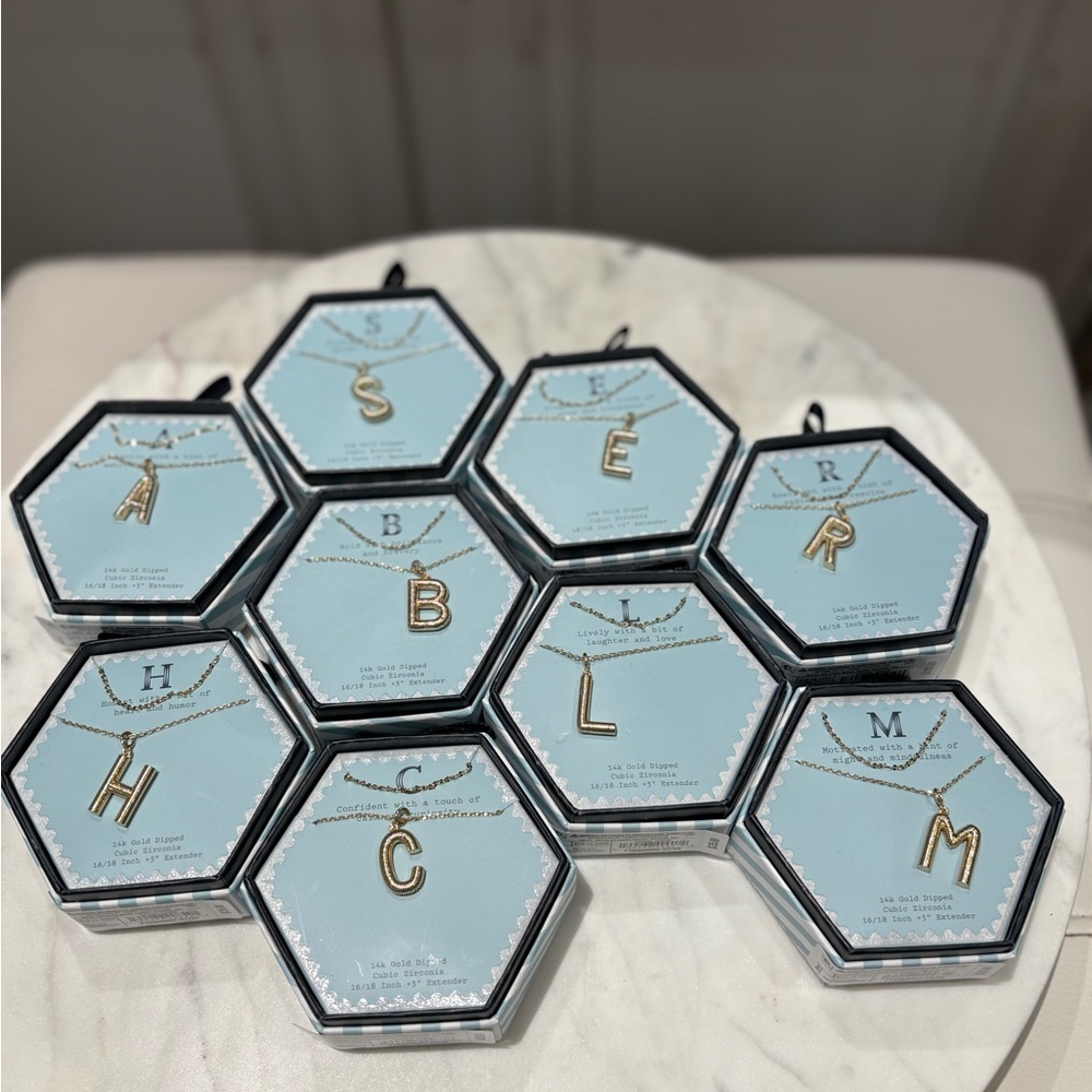 a new day Gold Initial Necklaces-New in box A, H, C, M, L, R, E, B, S